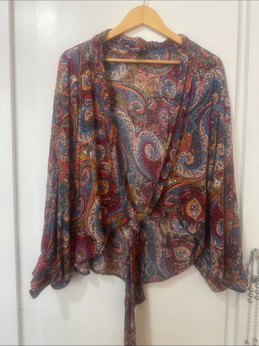 Women's Paisley Tie-Front Blouse - Red Multi One Size Camille & Co